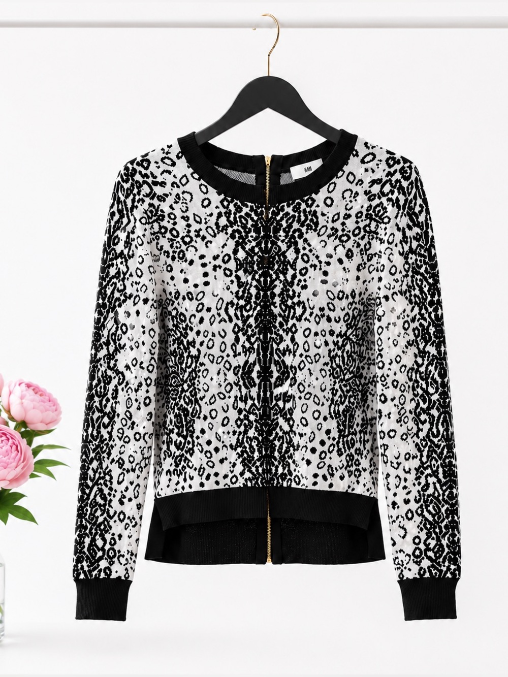 Black & White Leopard Print Long Sleeve Chic Zip Back Sweater Knit Top | Small